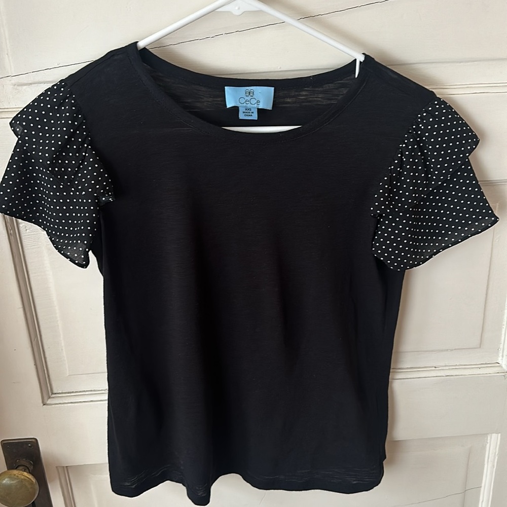 Cece Woman's High Neck Black T-Shirt with Ruffle Frill Polka Dot Sleeve XXS